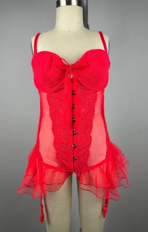Victoria's Secret Red Lace Mesh Bustier Teddy 36C Y2K Ruffle thumbnail 1