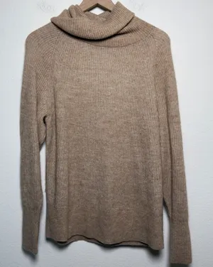 Quince Women Merino Wool Alpaca Sweater Large Tan‎ Ribbed Cowl Neck Raglan L thumbnail 1