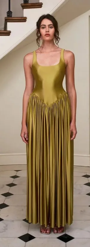 Delfi Collective Oriana Satin Scoop-Neck Maxi Dress in Olive thumbnail 1