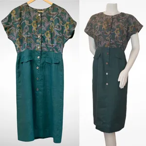 Vintage 80s Dress Linen Dress Green Pencil Skirt Floral‎ Short Sleeves Button-Up thumbnail 2
