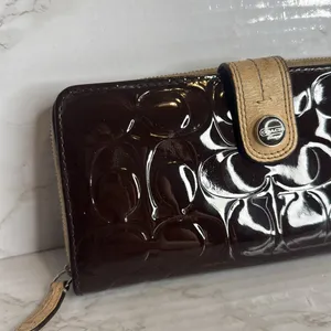 Coach Women's Patent Leather Accordion Zip Wallet Brown OS thumbnail 2