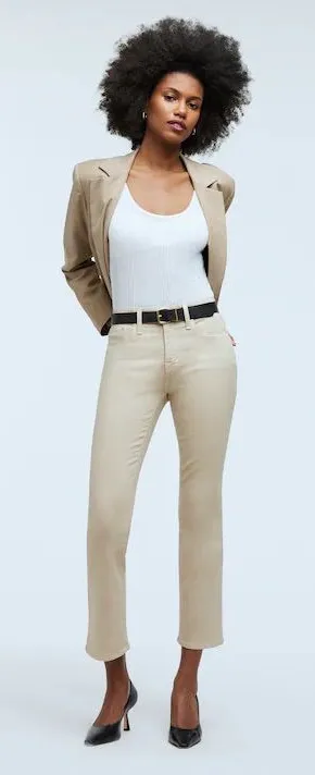 Madewell Kick Out‎ Crop Jeans Cali Flare Coated Pants Dune Tan Beige NWT Size 25 thumbnail 1