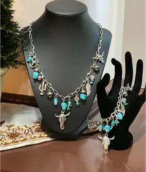 Southwestern turquoise and silver necklace and bracelet set thumbnail 1