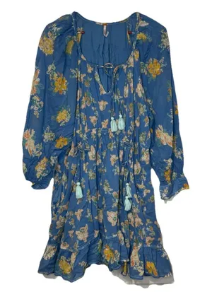 Free People Women's Dress Peasant Floral Tassel 3/4 Sleeve Cotton‎ Blue Medium thumbnail 1