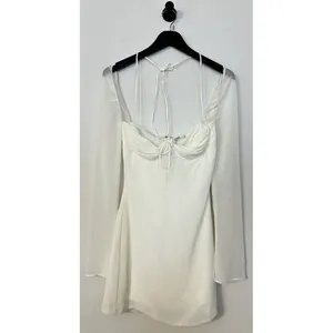HOUSE OF CB Babydoll Halter Long Sleeve Minidress in Ivory Size X-Small thumbnail 4
