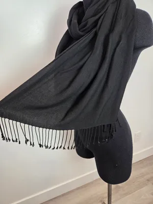 Black Fringe Trim Scarf Rectangle Classic Lightweight Academia Whimsigoth Unisex thumbnail 5