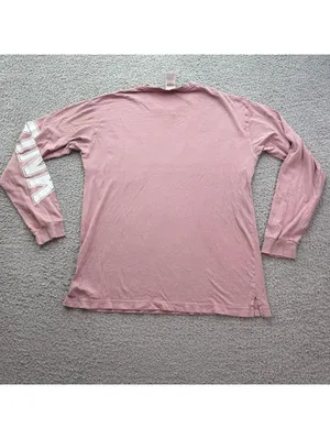 Victoria’s Secret PINK Long Sleeve Shirt Womens M Pink Stripe Logo Pocket Tee thumbnail 2