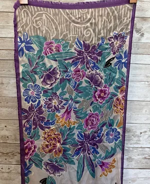 Vintage 80s Oscar de la Renta Silk Scarf Fringe Floral Purple & Teal Japan 52x11 thumbnail 1