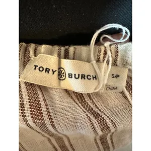 Tory Burch Striped Linen Maxi Dress Brown Cream Tassel Tie Straps 87512 Small thumbnail 7