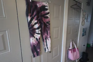 PINK Victoria's Secret tie dye sweatpant joggers outline pink on left leg in purple, black and pink size XS. thumbnail 8