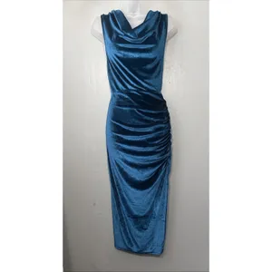 Zaful Velvet Midi Dress Size 6 Blue Ruched Party Fairy Whimsigoth Wedding Guest thumbnail 3