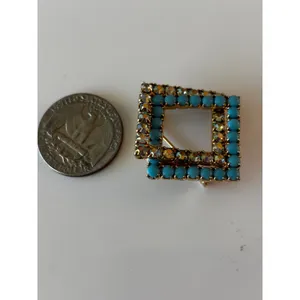 Brooch Womens Blue Gold Vintage MCM Geometric‎ Rhinestone thumbnail 4