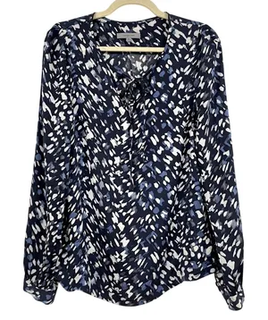 Classiques Entier Blue Abstract Print Silk Long Sleeve Boho Blouse Womens M thumbnail 1