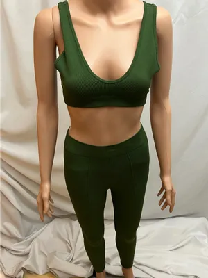 Source Unknown Olive Green Ribbed Seamless Activewear Set Sports Bra Leggings Yoga Gym M thumbnail 1