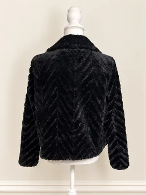 Nina Leonard Black Faux Fur Chevron Bolero Jacket Size M Satin Lined Luxury Glam thumbnail 4