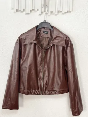 Amazon Brown Faux Leather Collared Zip Front Cropped Bomber Jacket thumbnail 4