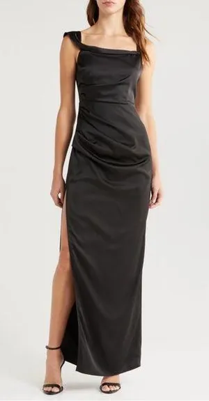 Lush Love Black Satin Asymmetrical High Slit Off-the-Shoulder Dress Size Large thumbnail 1