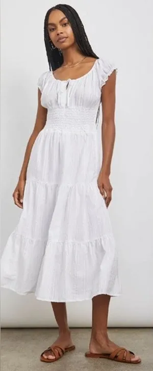 Chelsey White Short Sleeve Smocked Tiered Tie Bust Midi Dress Women's Size Small thumbnail 1