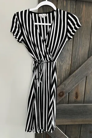 Poof New York Black White Striped Short Sleeve Tie Waist Faux Wrap Dress thumbnail 1