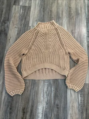 Free People Tan Knitted Chunky Cropped Sweater, Medium thumbnail 9