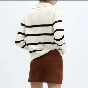 Mango Women's Cream and Black Striped V-Neck‎ Sweater with Collar thumbnail 4