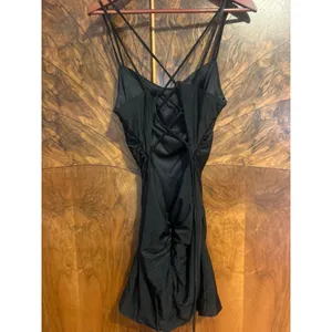 NOX ANABEL Black Ruched Mini Dress Strappy STRETCHY Size 10 Medium M T710 thumbnail 4