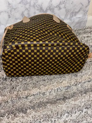 Brown Monogram Print Tote Bag with Beige Handles thumbnail 6