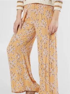 Billabong NWT Floral Yellow Wide-Leg Pants with Faux Wrap on Legs thumbnail 1