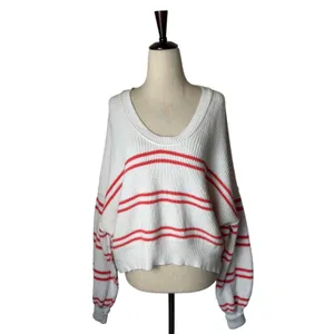 Aerie Beyond Cropped Sweater‎ Women Small White Pink Stripe Cotton Boxy Slouchy thumbnail 2