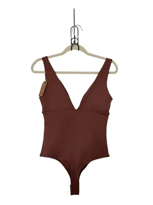 Reoria Medium Mocha Brown Plunge‎ Neckine Minimalist Bodysuit Capsule Wardrobe thumbnail 2