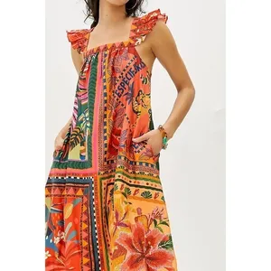 Anthropologie FARM RIO Mosaic Midi Dress Cotton Pockets Colorful Tropical Medium thumbnail 4