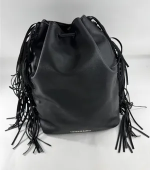 Victoria's Secret Black Pebbled Faux Leather Fringe Drawstring Bucket Bag Silver thumbnail 1