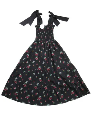NWT Hill House Ribbon Ellie Nap in Black Ikat Taffeta Smocked Midi Dress XS thumbnail 3