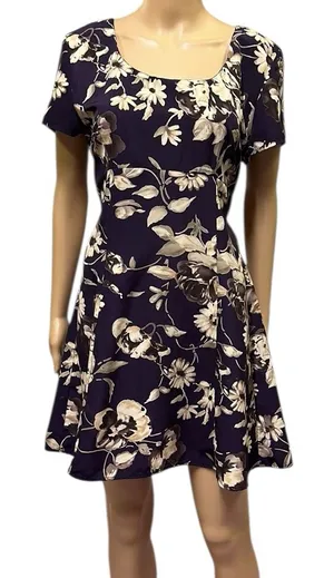 Vintage All That Jazz Plum Cream Floral Print Short Sleeve Zip Tie Back Dress M thumbnail 1