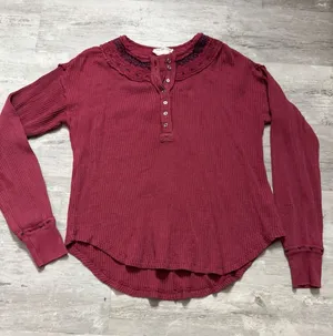Free People Red Waffle Knit Henley Top Fair Isle Cuffs Boho Apres Size Xs A4006 thumbnail 1