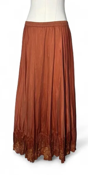 Vintage Burnt Orange Cotton Silk Embroidered Hem Gathered Boho Maxi Skirt thumbnail 1