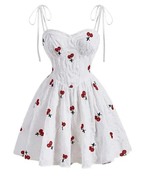 SheIn White Cherry Print Mini Slip Dress SIZE 4 Sundress Fit Flare Rockabilly Romantic thumbnail 1