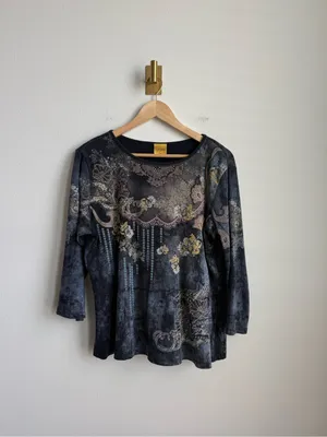 Vintage Katina Marie Y2K Rhinestone Graphic Top 3/4 Sleeve Made USA XL thumbnail 3