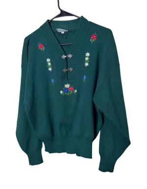 Meister Embroidered V Neck Sweater Green Floral Folk Art Metal Clasps Women's L thumbnail 1