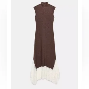 Zara NWT brown lace hem fitted long maxi dress thumbnail 5