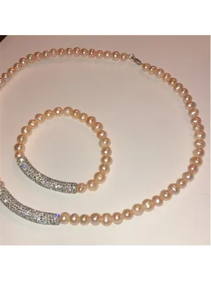 Pale Pink Genuine Pearls CZ Rhinestone Necklace Bracelet Set thumbnail 4
