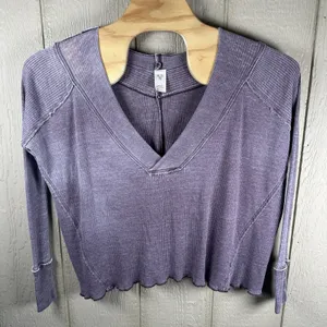 We The Free People Oceanview Thermal Top Sz XS Plum Oversized V Neck Waffleknit thumbnail 1
