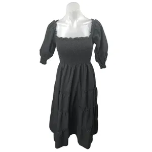 Hill House Home Nesli Black Puff Sleeve Smocked Tiered Midi A-Line Nap Dress XS thumbnail 2