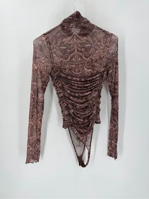 Free People Under It All Sheer Long Sleeve Mock neck Ruched Printed Bodysuit thumbnail 7