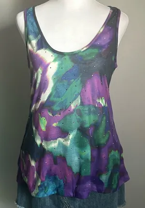 Express Women’s Rhinestone Embellished Floral Vibrant Watercolors Print Tank Top thumbnail 1
