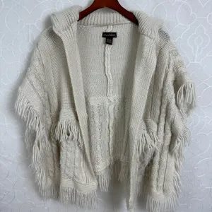 Madden NYC Womens Ruana Sweater OS Cream Open Front Fringe Cable Knit Poncho thumbnail 4