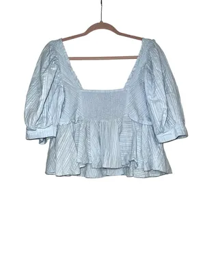 Free People Leave It To Me Baby Blue Puff Sleeve Square Neck Babydoll Top SMALL thumbnail 4
