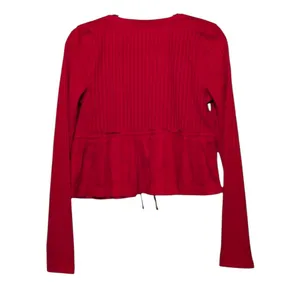 PILCRO Peplum Tie Waist Red Ribbed Knit Long Sleeve Babydoll Scoop Neck Top M thumbnail 5