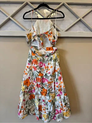 Chelsea & Violet Tropical Floral Print Tiered Midi Dress Linen‎ Blend Tie Back thumbnail 6