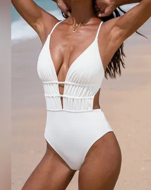 Berlook White Textured Plunge One-Piece Swimsuit thumbnail 1